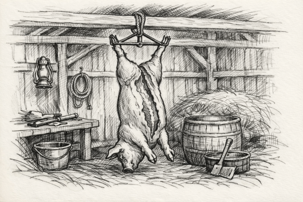 pencil illustration of a pig hanging from a gambrel in a barn during home hog butchering